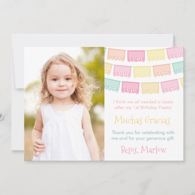 Gracias Colorful Mexican Fiesta Birthday Photo Thank You Card (Front)