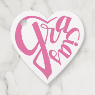 Gracias con forma de corazón y caligrafía rosa favor tags