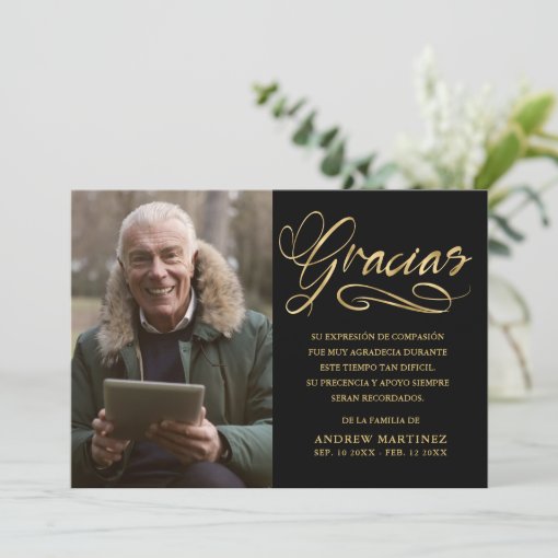 Gracias Elegant Gold & Black Photo Spanish Funeral Thank You Card Zazzle
