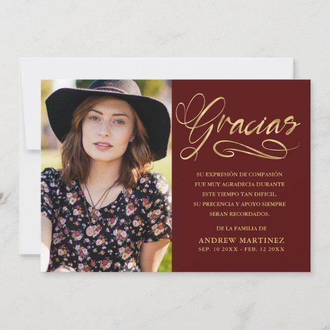 Gracias Elegant  Photo Spanish Funeral Thank You Card (Front)
