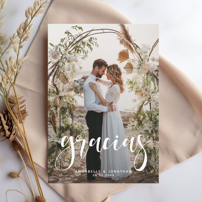 Gracias Elegant Two Photo Wedding  Thank You Card (Creator Uploaded)