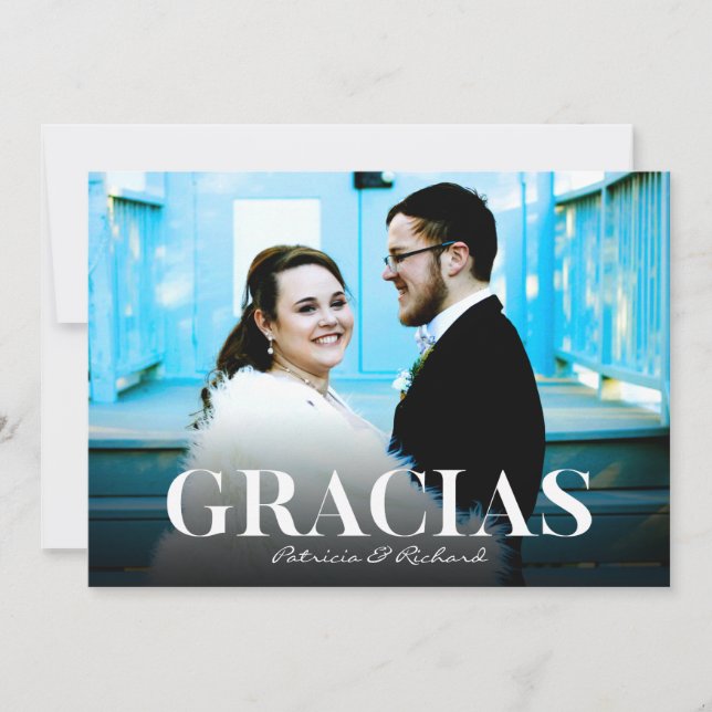 Gracias Modern Font Wedding Thank You Photo Card (Front)