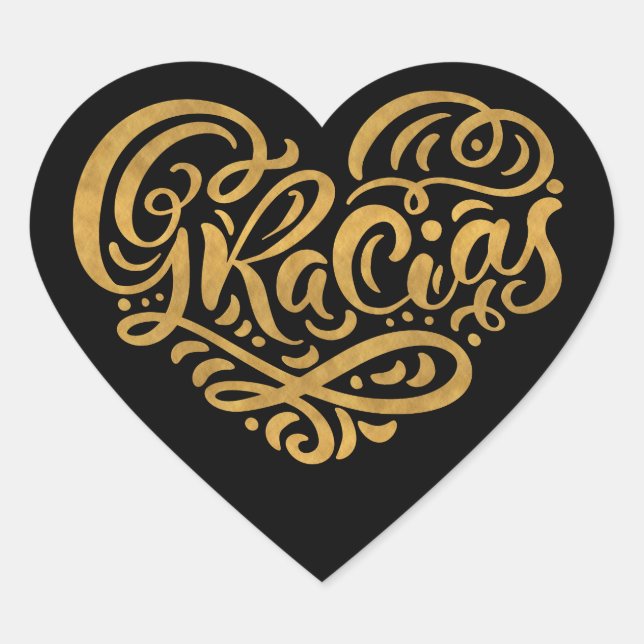 Gracias Modern Gold Cursive Script Typography Heart Sticker (Front)