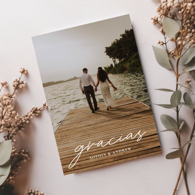 Gracias Modern Script Photo Wedding Thank You Card (Creator Uploaded)