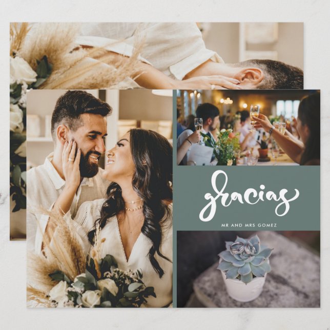 Gracias Photo Collage Green Wedding Thank You (Front/Back)
