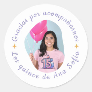 Gracias por acompañarnos quinceañera con foto classic round sticker