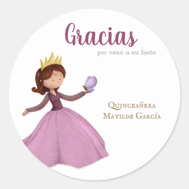 Gracias Quinceanera Girl with Crown and Butterfly Classic Round Sticker (Front)