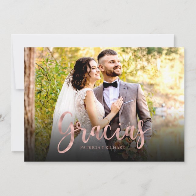 Gracias Rose Gold Photo Wedding Thank You Spanish Card (Front)