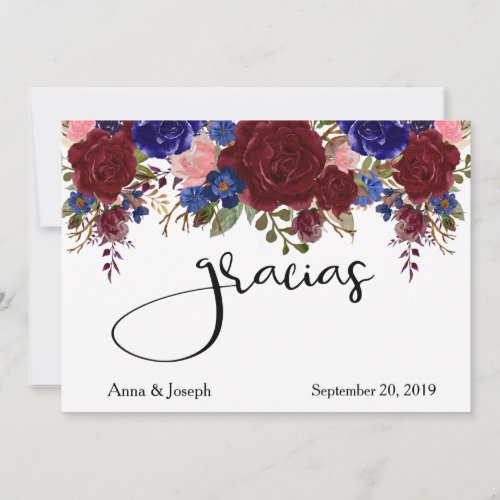 Gracias Wedding Floral Spanish Navy Burgundy Thank You Card