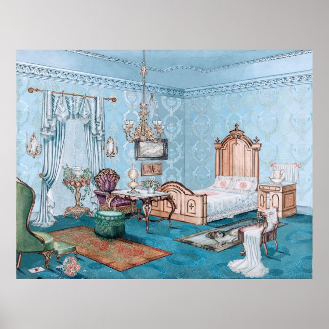 Gracious Blue Victorian Bedroom Poster (Front)