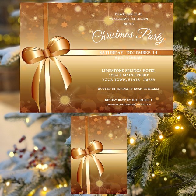 Gracious Gold, White Ribbon Bow Christmas Party  Invitation (Creator Uploaded)