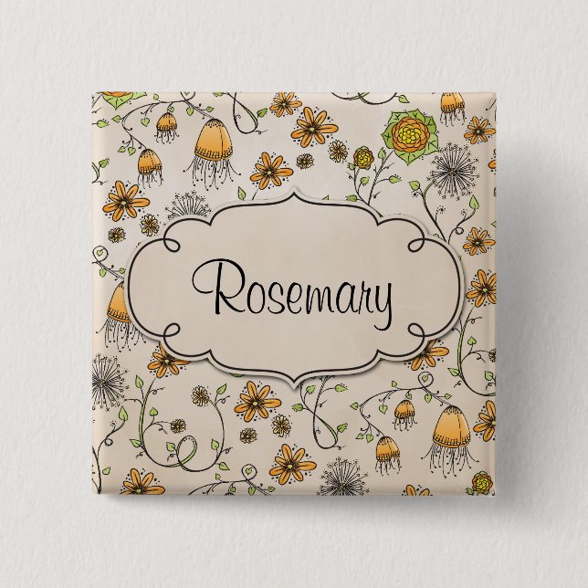 Gracious yellow flowers with frame for name pinback button (Front)