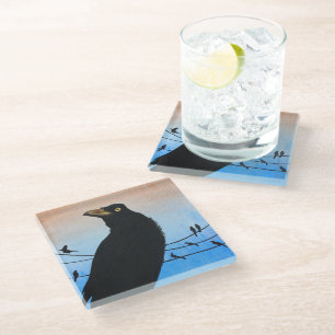 Grackle Austin Texas Black Bird Wildlife Painting Glass Coaster