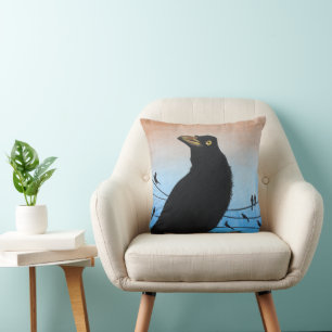 Grackle Austin Texas Black Bird Wildlife Painting Throw Pillow