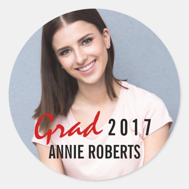 Grad 2017 handwritten modern graduation photo classic round sticker (Front)