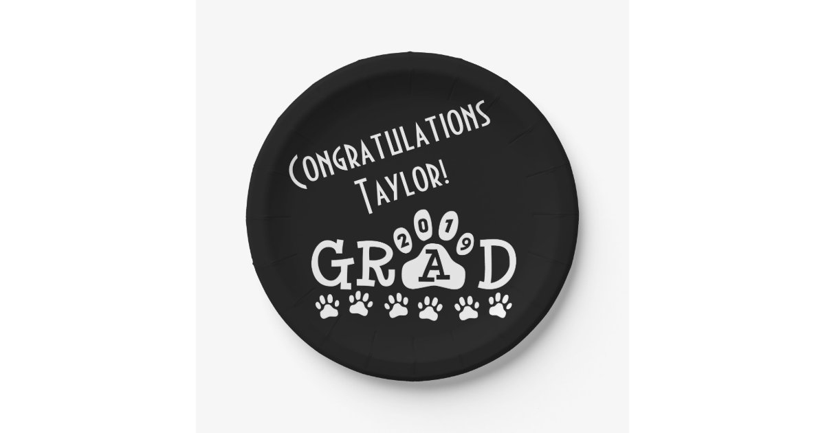 Grad 2019 Black White Paw Prints Graduation Paper Plate Zazzle Com