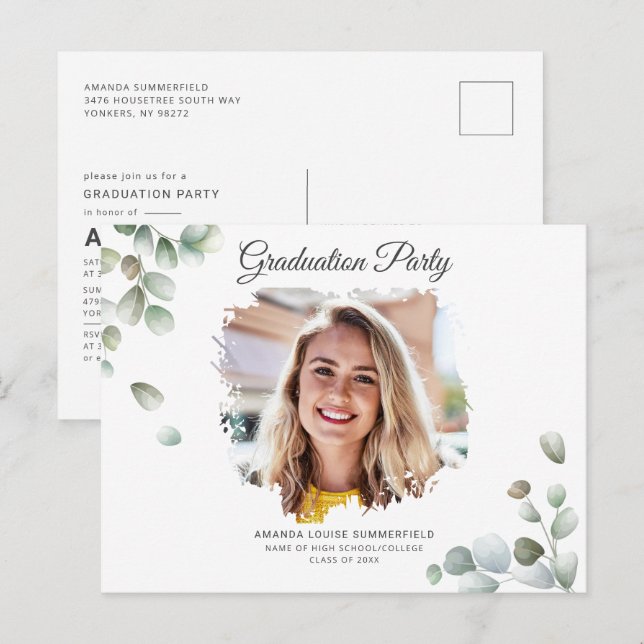 Grad 2022 Eucalyptus Succulent Greenery Graduation Invitation Postcard (Front/Back)