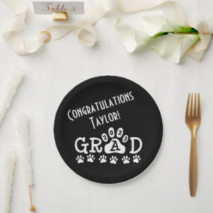 grad 2023 black white paw prints graduation paper plates