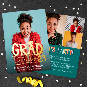 Grad 2023 bold graduation party 4 photo gold foil invitation
