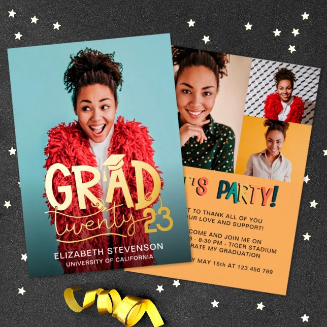 Grad 2023 bold graduation party 4 photo gold foil invitation (Creator Uploaded)