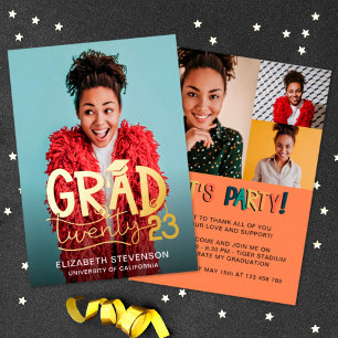 Grad 2023 bold graduation party 4 photo gold foil invitation