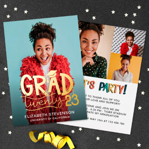 Grad 2023 bold graduation party 4 photo gold  foil invitation