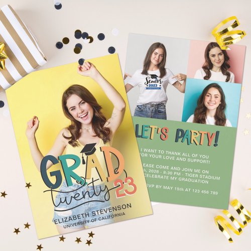 Grad 2023 retro colorful graduation party 4 photo  invitation