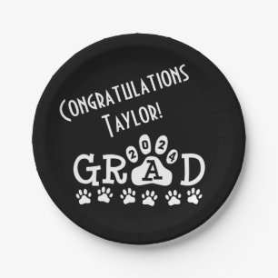grad 2024 black white paw prints graduation paper plates