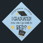 Grad 2024 Graduated Can I Go Back To Bed Blue Graduation Cap Topper<br><div class="desc">Funny Grad 2024 Graduated Can I Go Back To Bed Blue. A funky set typography in Black with Cap and chalk board motifs with Class of 2022 on a light blue background. Easily personalise the year in white on the blackboard and your name curved at the top.</div>