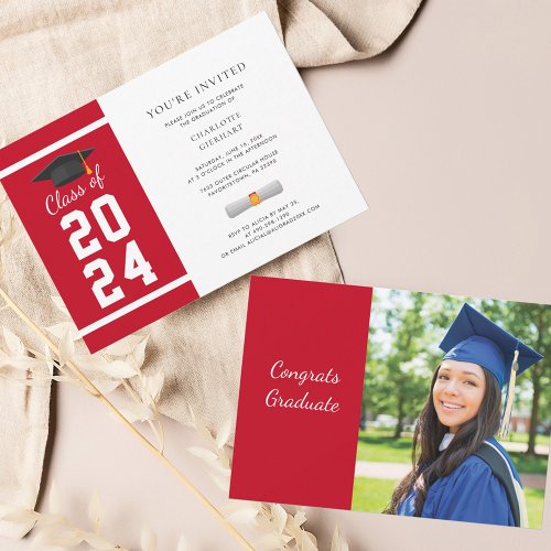 Grad 2024 Photo Red White Graduation Party Invitation