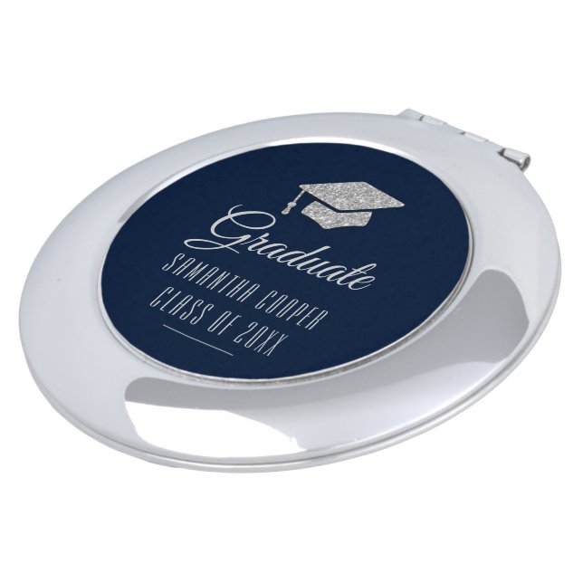 Grad 2024 Silver Cap Navy Blue Graduation Compact Mirror (Turned)