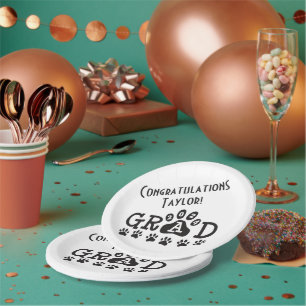 grad 2024 white black   paw prints graduation paper plates