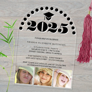 Grad 2025 Cute 3 Photo Collage Black White Party Acrylic Invitations