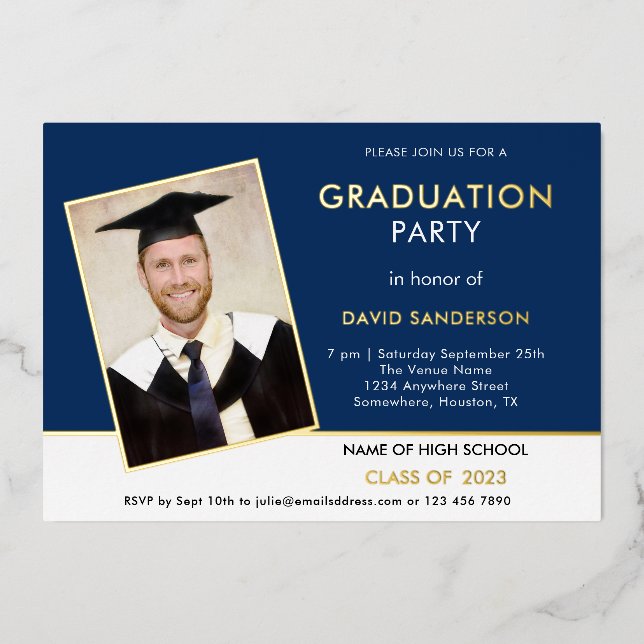 Grad 2025 Graduation Party Photo Navy White Gold Foil Invitation (Front)