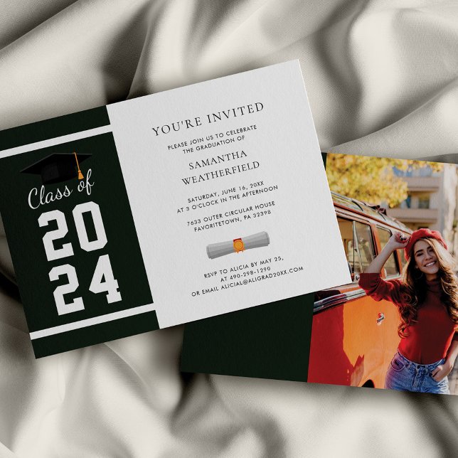 Grad 2025 Green White Photo Graduation Party Invitation (2024 Graduation Party Invitation with photo)