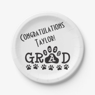 grad 2025 white black   paw prints graduation paper plates
