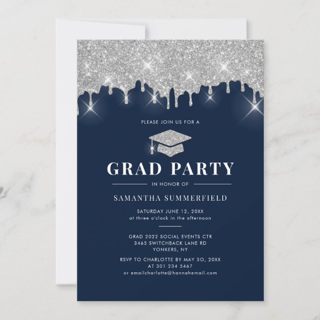 Grad 2026 Navy Silver Glitter Graduation Party Invitation (Front)