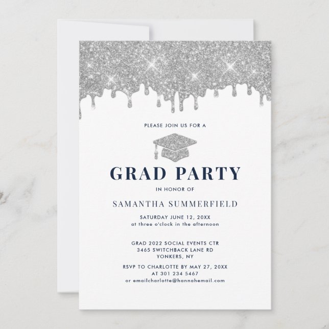 Grad 2026 Navy Silver Glitter Graduation Party Invitation (Front)