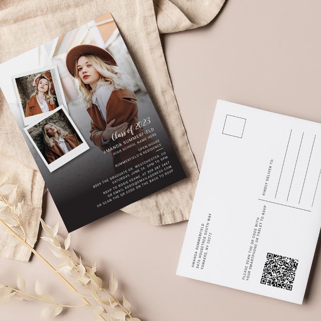 Grad 2026 Open House QR Code 3 Photos Graduation Invitation Postcard (Graduation Photo Collage Open House 2024 Party Invitation Postcard )