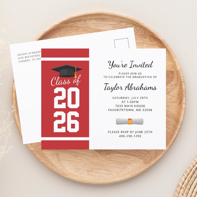 Grad 2026 Red White Graduation Party Invitation (Graduation 2025 Script Red White Typography Party Invitation)