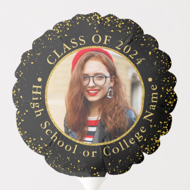 Grad 2 Photo Modern Black Gold Glitter Graduation Balloon (Back)