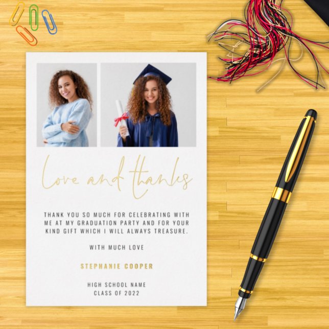 Grad 2 Photos Gold Real Foil Thank You Card (Creator Uploaded)