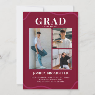 Grad 3 Photo Modern Burgundy Graduation Party Invitation