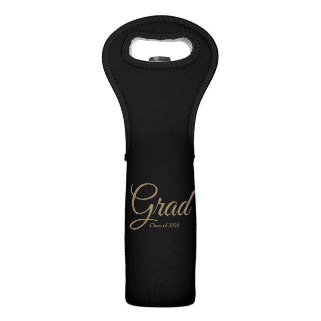 Grad black gold script class year elegant  wine bag (Front)