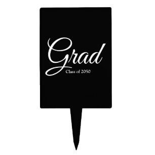 Grad black white custom script class year elegant cake topper