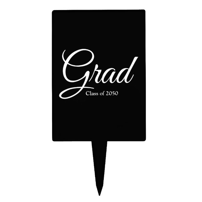 Grad black white custom script class year elegant cake topper (Front)