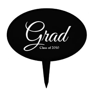 Grad black white custom script class year elegant cake topper