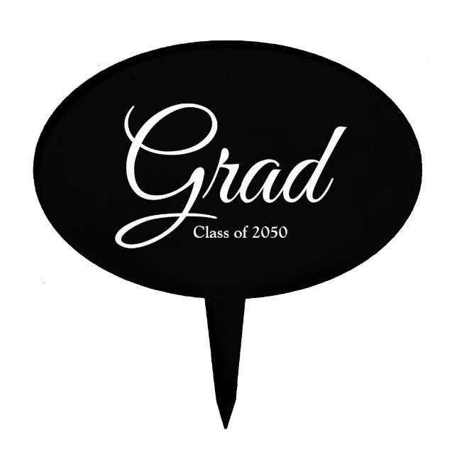 Grad black white custom script class year elegant cake topper (Front)