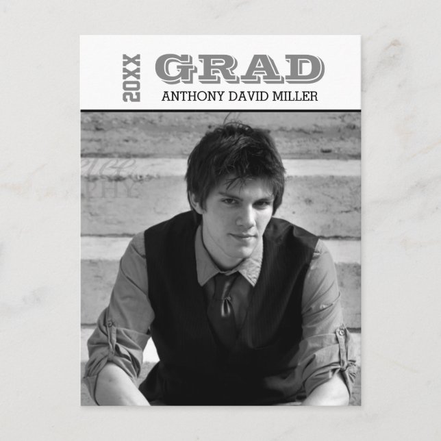 Grad Black/White- Graduation Announcement Postcard (Front)