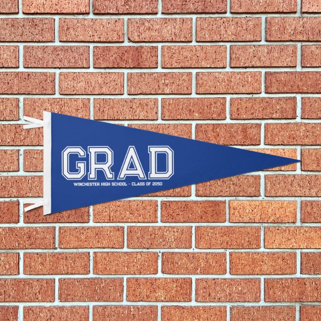 Grad blue custom school class year varsity sports pennant flag (Front)